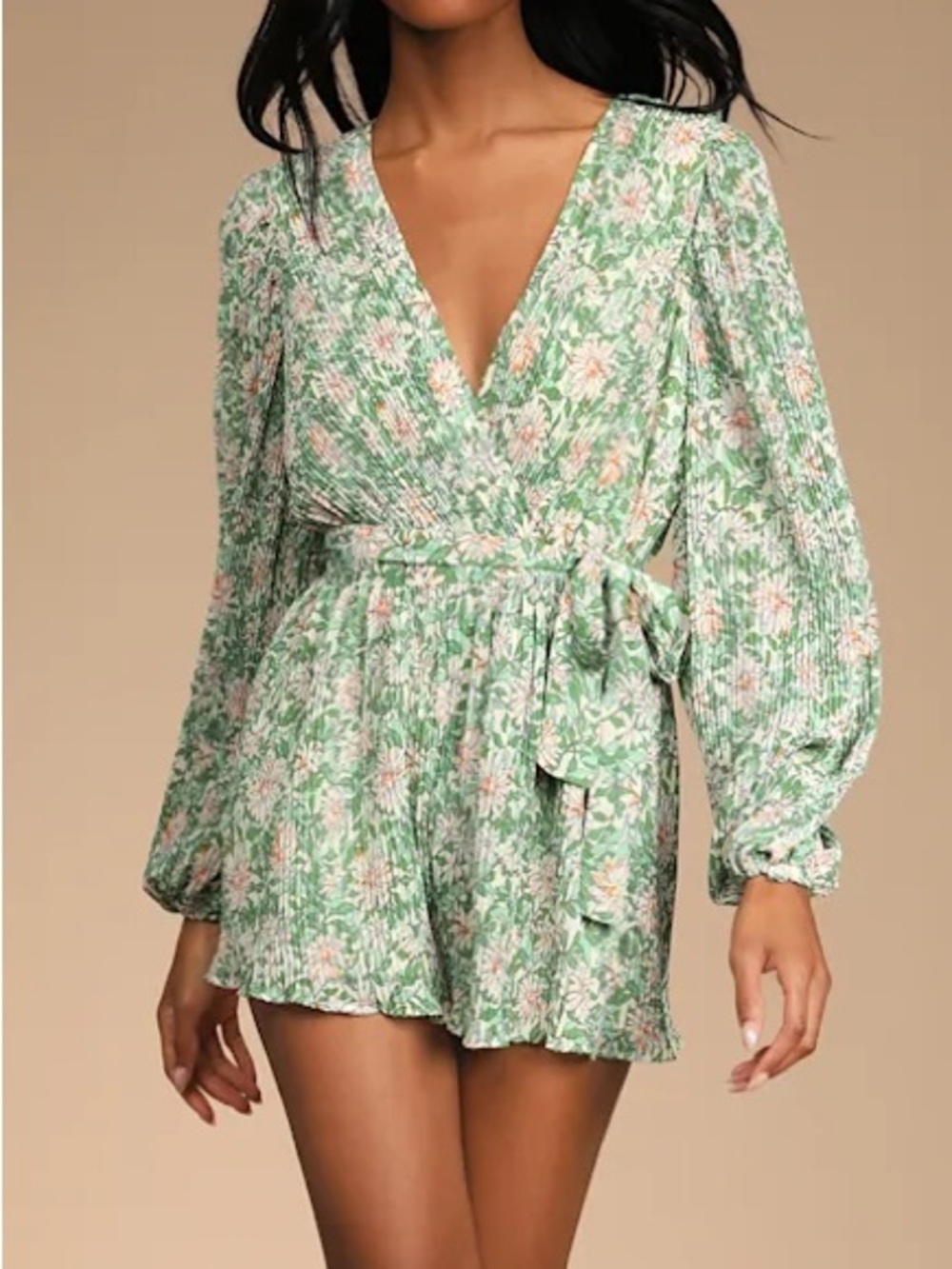 Dancing Blossoms Green Floral Print Pleated Long Sleeve Romper